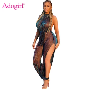 

Adogirl Changing Color Sheer Mesh Summer Jumpsuit Women Sexy Lace Up Halter Backless Night Club Party Romper Beach Playsuits