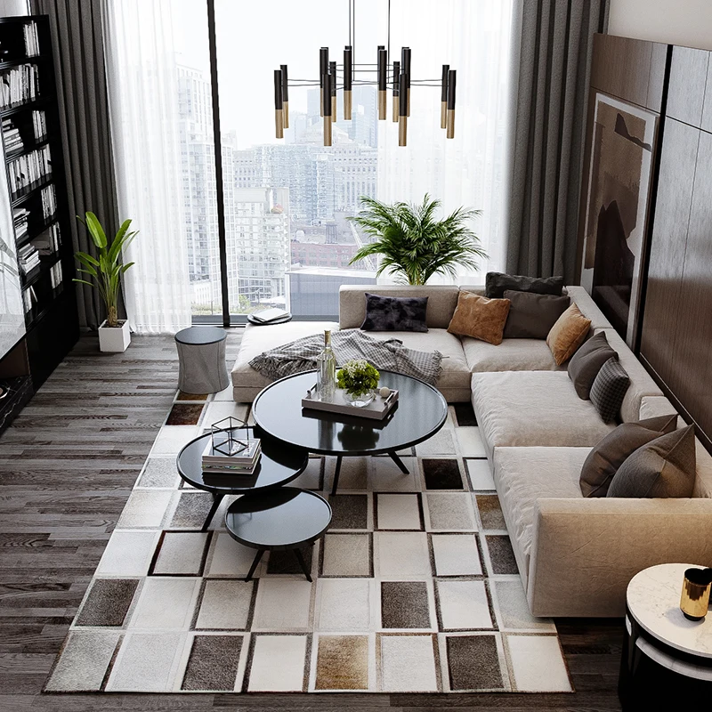 

Modern style luxury cowhide skin fur patchwork gray plaid rug, natural cow skin fur chequer decorative living room carpet