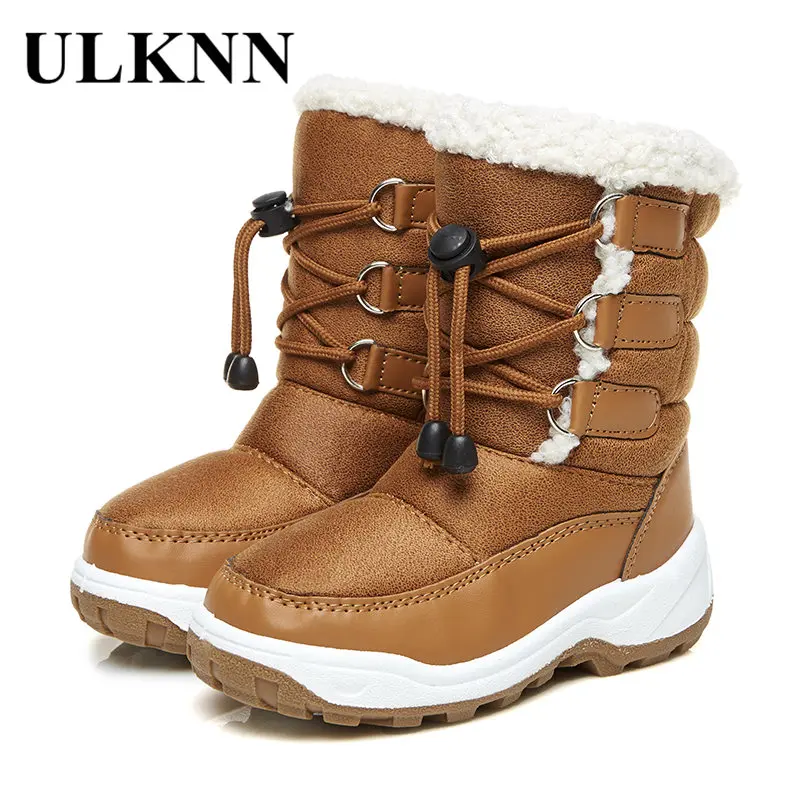 

ULKNN Warm Lining Zip Boys Girls Winter Boots For Child PU Leather Cotton Fabric Winter Shoes Kids Boots Mid-Calf Anti-slip bota