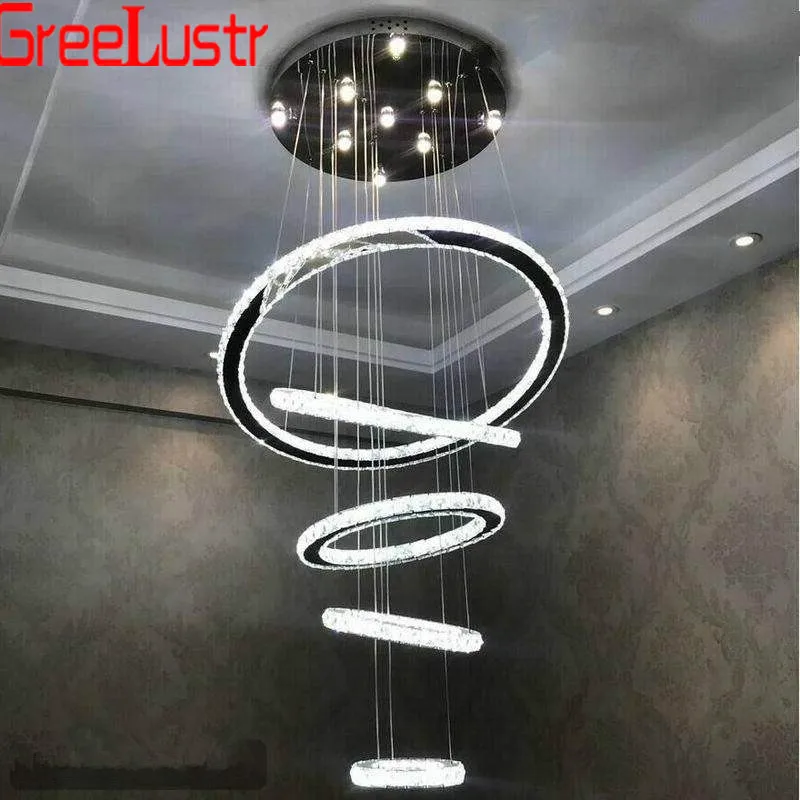 

Large Luxury Crystal LED Chandelier Lighting Fixture 5 Rings Circle LED Crystal Pendant Hanging Lamp Stair Hall Dimming Lustres