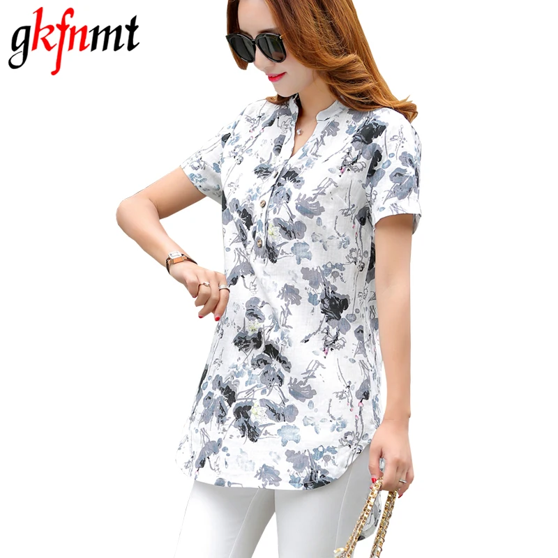 gkfnmt 2018 Women Tops XXXL Summer Style Floral Print Cotton Linen Shirts Woman Vintage Short Sleeve Blouse V-Neck Plus Size