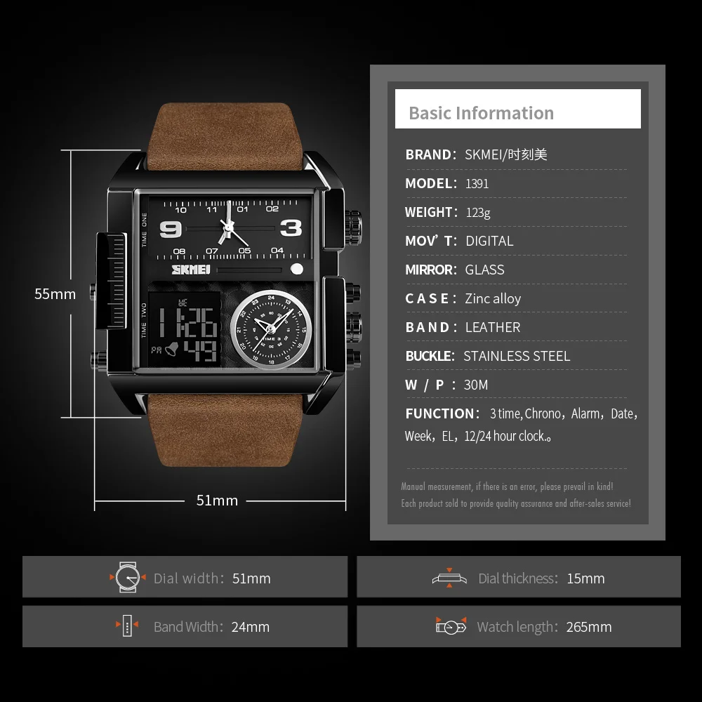 Skmei Men Watch Led Digital Leather Strap Rose 3 Time Week Analog Quartz Men Sport Wristwatches For