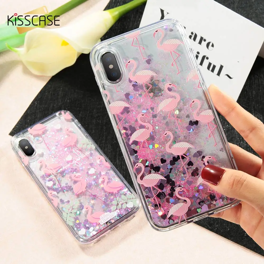 KISSCASE милый чехол фламинго для iPhone 6 6s 7 8 Plus роскошный блестящий зыбучий песок