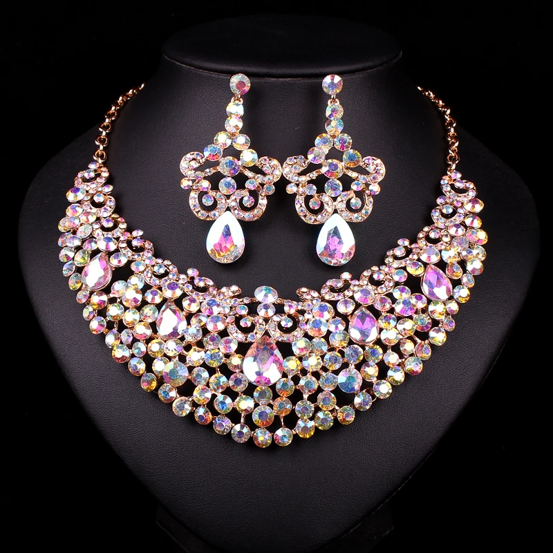 Luxury Multi-Color Crystal Wedding Jewelry Sets Party Costume Accessories Indian Earring Necklace Sets for Brides Womens Gifts Luxury Multi-Color Crystal Wedding Jewelry Sets Party Costume Accessories Indian Earring Necklace Sets for Brides Womens Gifts