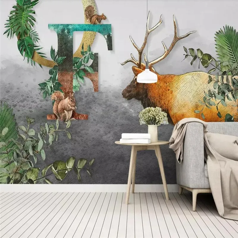 

Custom wallpaper hand-painted animal Nordic background wall painting high-grade waterproof material