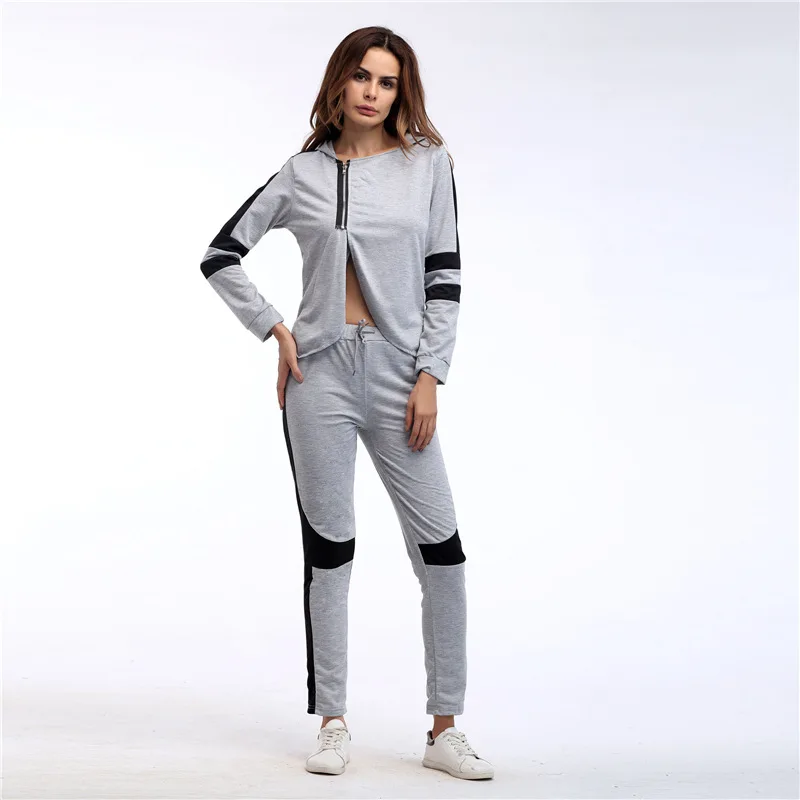 

2018 Irregular Patchwork Show Belly Long Sleeve Two Piece Set Workout Clothing Suit Tracksuit For Women Top Pants Sport Legging
