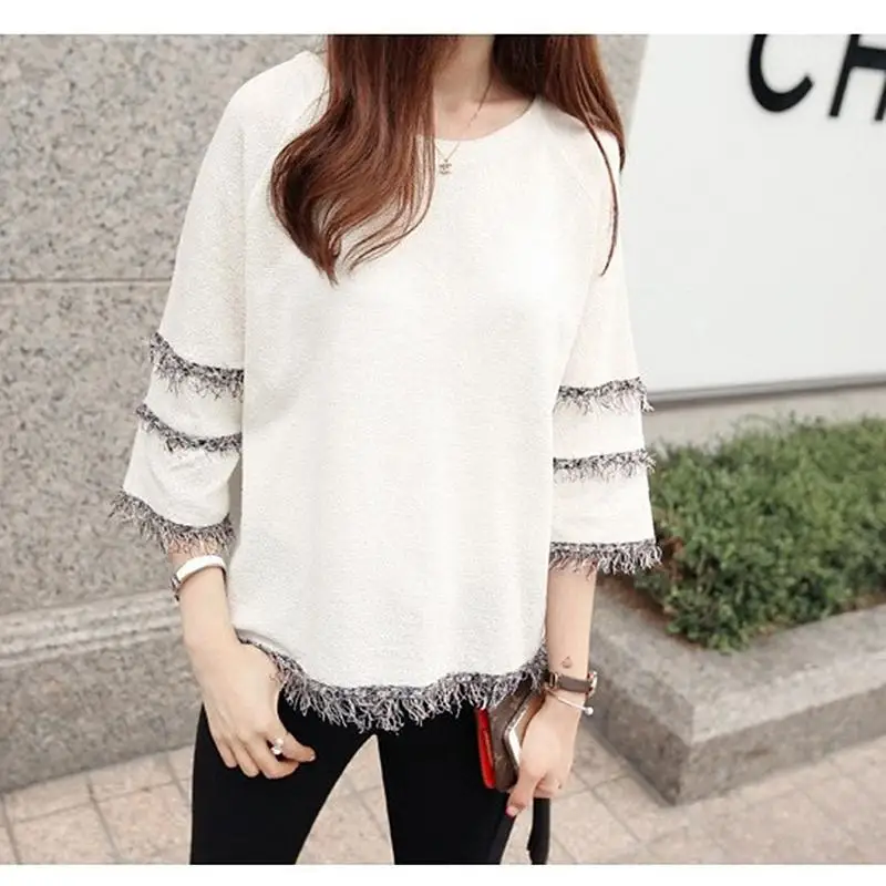 

Summer Tops for Women 2019 New Stars Patch Tassel Short Sleeve White T-shirts All-match Loose Female Fringed Knitted Shirt