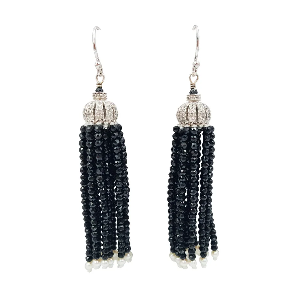 

Lii Ji Natural Black Spinel ,AAA Freshwater Pearl Tassel 925 sterling silver Long Drop Earrings total size approx 6.5cm