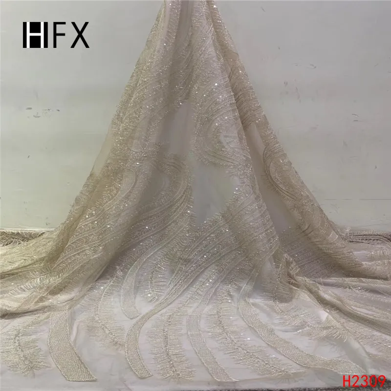 

HFX African Luxury Lace 2019 Champagne Gold High Quality Wedding Dress Net Lace Sequin Tulle Handmade Beaded Lace Fabric X2309