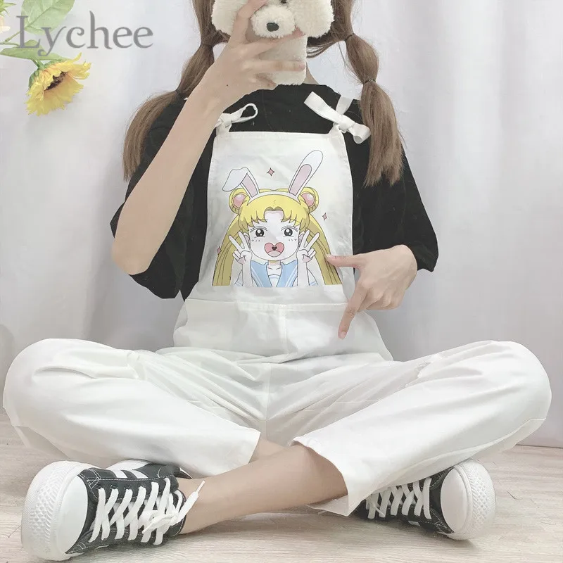 

Lychee Kawaii Sailor Moon Print Lace Up Female Overall Sleeveless Strap Summer Spring Lace Up Loose Women Rompers Overall
