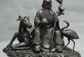 

14" China Folk Long Life God Man Crane Deer Peach Bronze Statue
