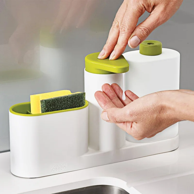 Kitchen Sink Detergent Dispenser Stand With Sponge Storage Liquid Soap Automatic Dispenser Shelf Set Bathroom Organizer Green