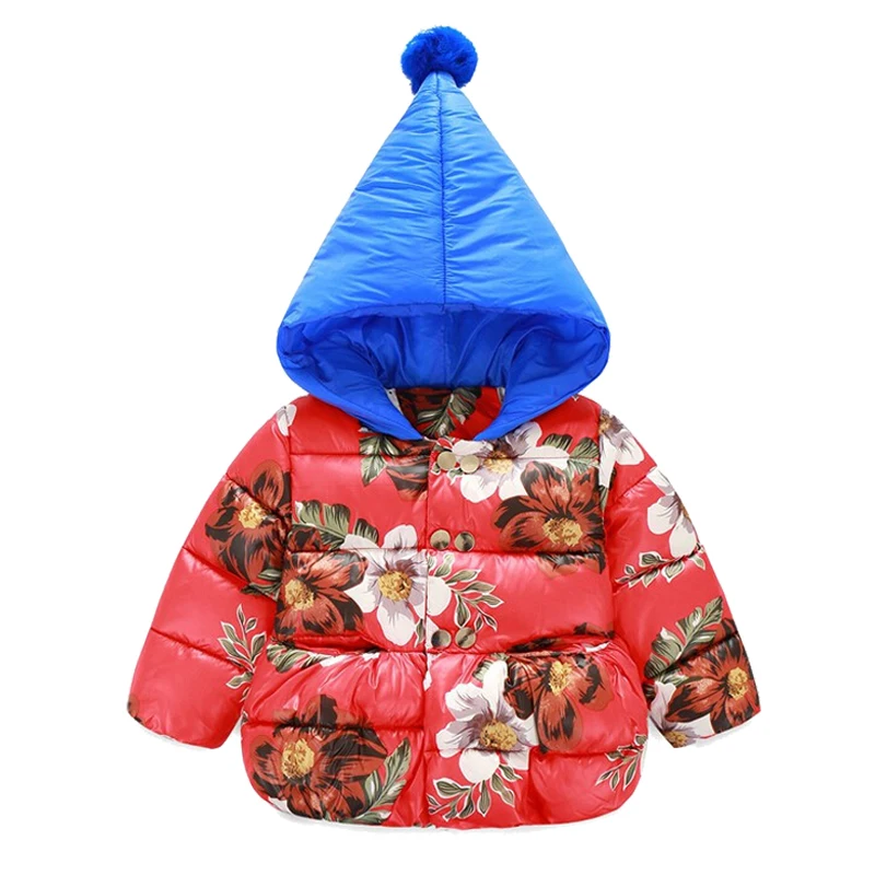 Очень милые мягкие зимние стеганые пальто для маленьких девочек пуховики худи с цветочным принтом верхняя одежда с цветочным принтом - Цвет: A
