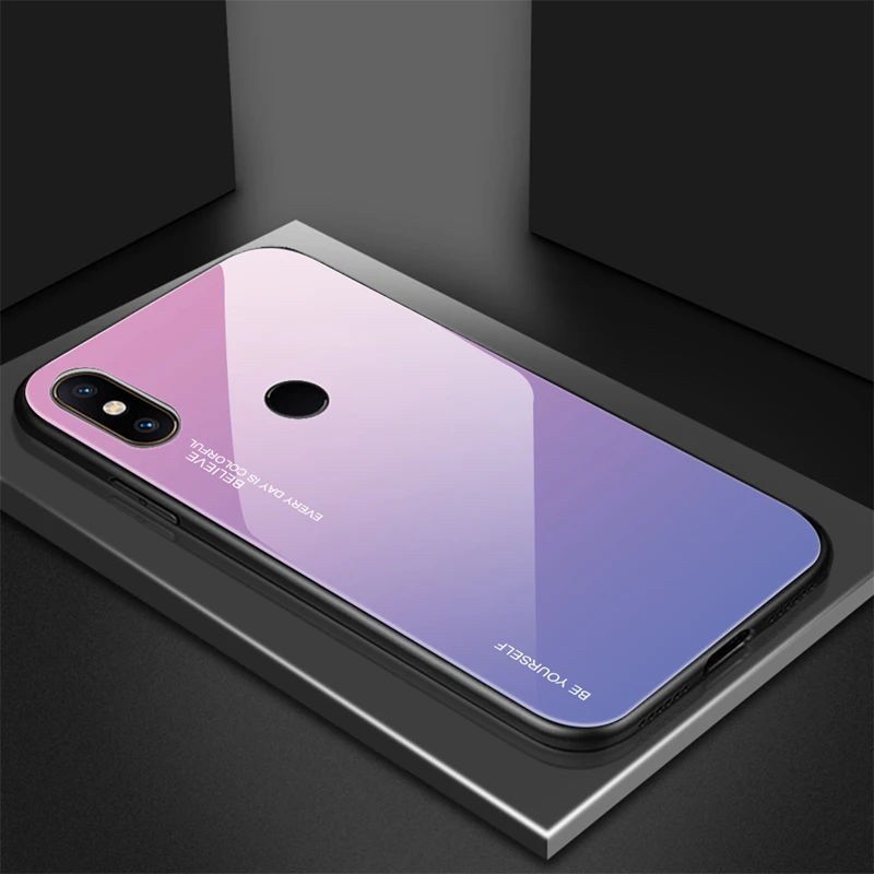 Градиентный чехол из закаленного стекла для Xiaomi Mi9SE A1 A2 A3 Lite Redmi 7A K20 Pro Note 8 7 6 5 Pro 5 Plus, защитный чехол на заднюю панель - Цвет: pink and purple