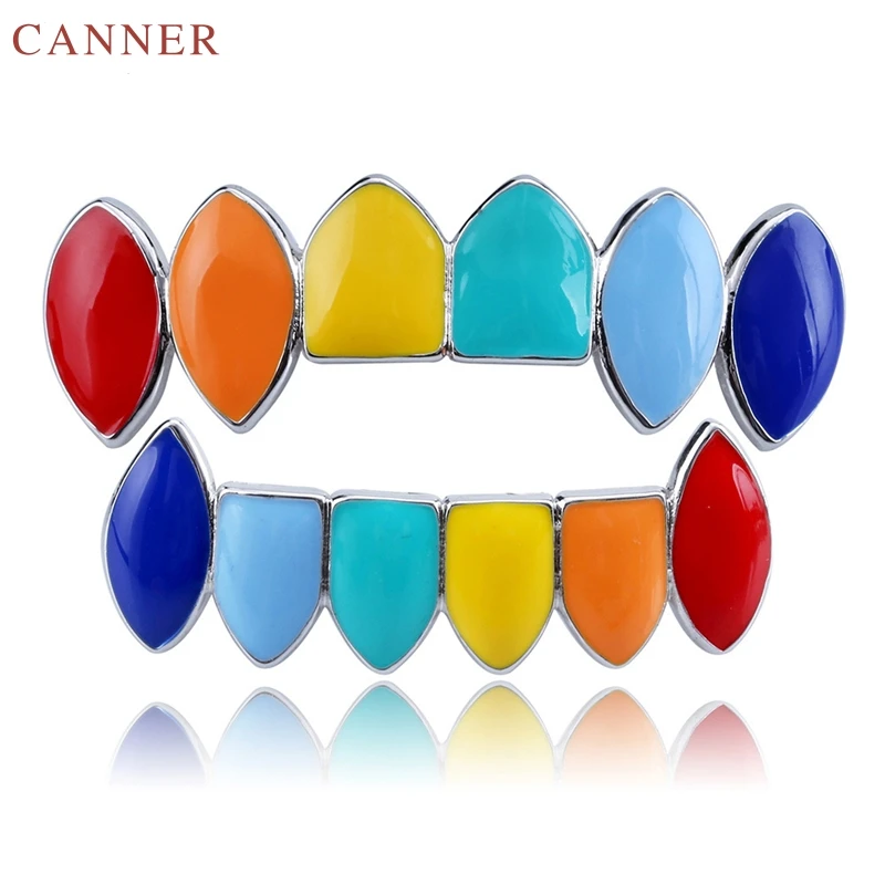 Hip Hop Colorful Teeth Grillz Top&Bottom Fake Tooth Grills Dental Cool Men Body Jewelry Rap Mouth Caps C4