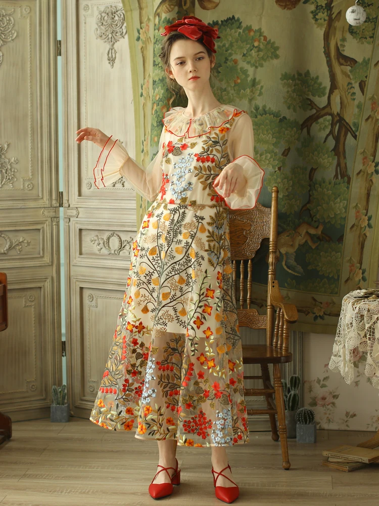 

Spring Summer Original Design Women Embroidery Slim Flare Sleeves Mori Girls Dresses