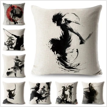 

Watercolor Chinese Kungfu Pillow Case Cartoon Ink Linen 45*45 cm Decorative Printed Cushion Cover for Sofa Home Pillowcovers