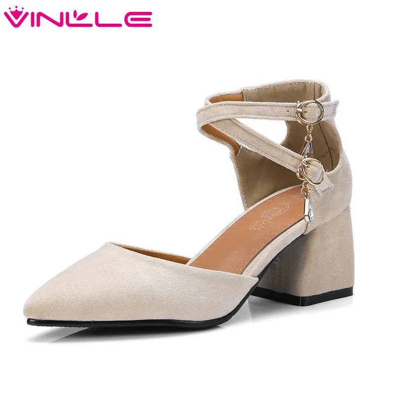 VINLLE 2020 Summer Spring Women Shoes Flock Square Med Heel Cross- Strap Pointed Toe Crystal Ladies Wedding Pumps Size 34-43 | Обувь