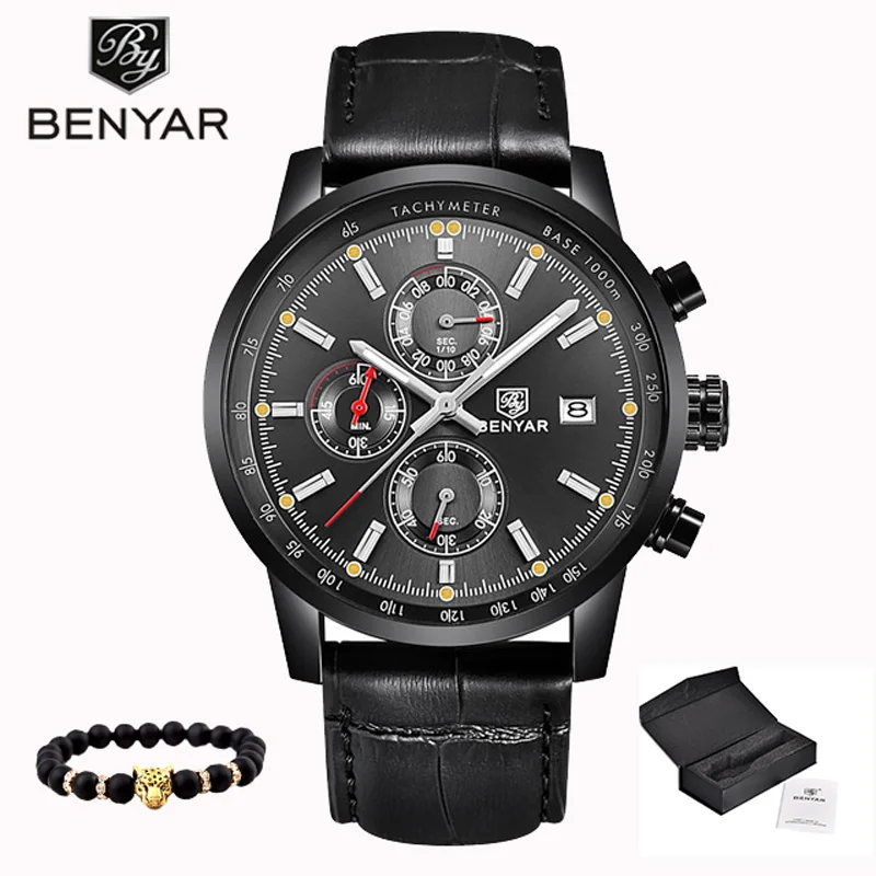 BENYAR мужские повседневные модные часы мужские спортивные часы роскошные кожаные водонепроницаемые противоударные кварцевые часы черные простые мужские часы - Цвет: Black-Gray L