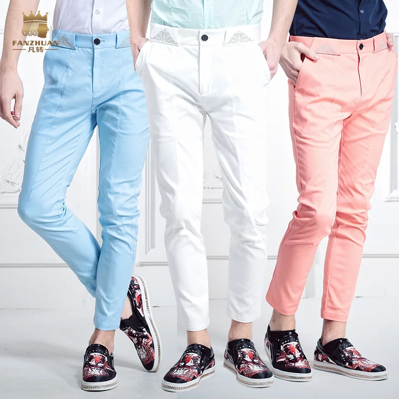 

FanZhuan Free Shipping New 2016 men's casual fashion summer ninth thin elastic slim pants candy color embroidery 618018 trousers