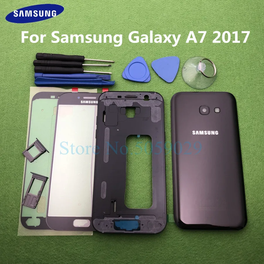 

For Samsung Galaxy A7 2017 A720 A720F SM-A720F Full Housing Case Bezel Middle Frame Back Cover + Front Glass Lens Tools Sticker