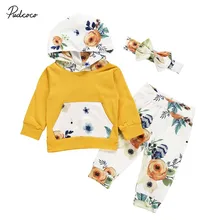 Бренд Детский комбинезон с цветочным узором для маленьких девочек, топы с капюшоном, толстовки штаны с цветочным принтом, леггинсы повязка на голову, одежда осенний Детский комплект