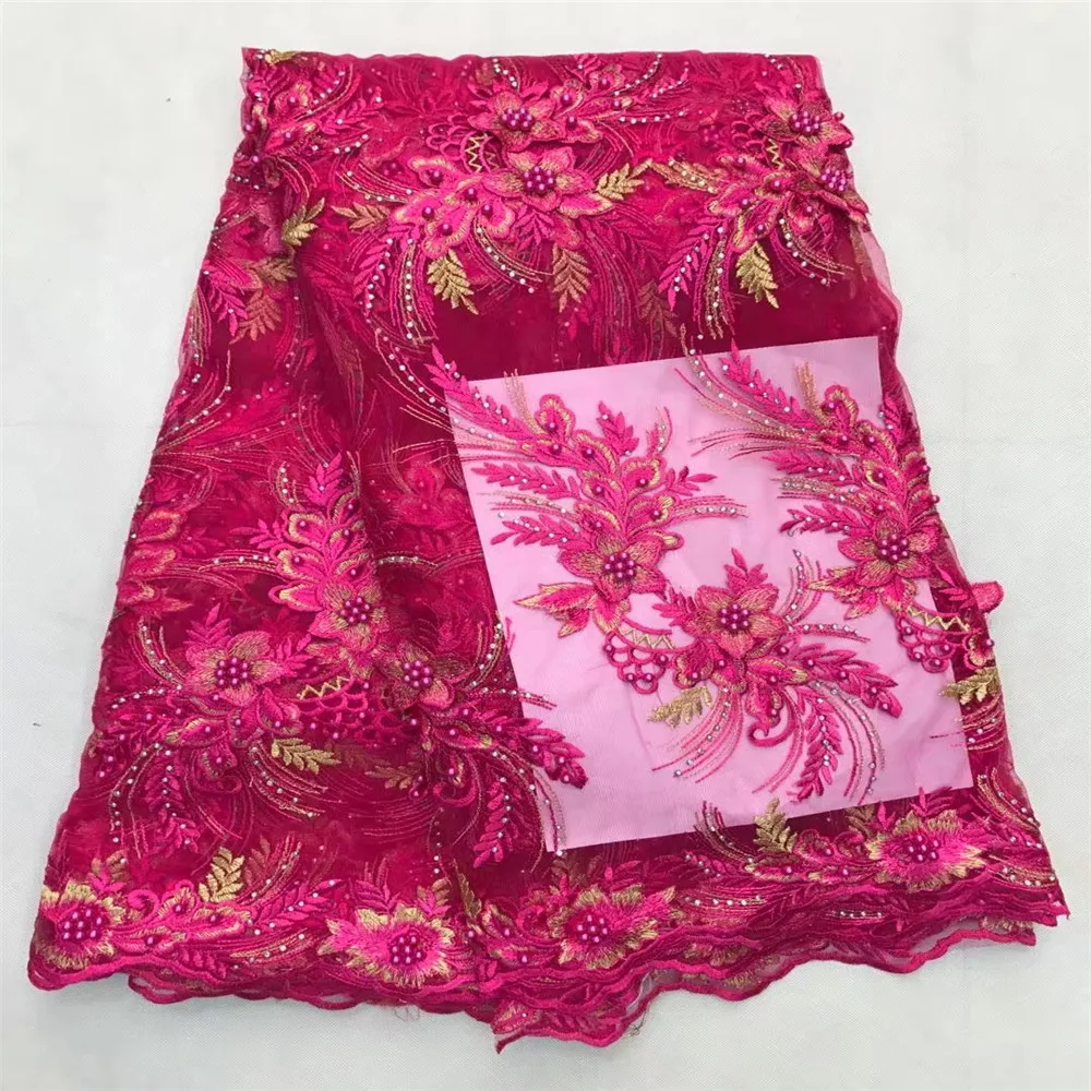 Latest Noble Dubai Lace Fabric With Beads 2017 Heavy Embroidered Nigerian French Tulle Lace