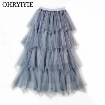 

OHRYIYIE 4 Layer Tulle Cake Skirts Women 2019 Spring Summer Elastic High Waist Tulle Mesh Skirt Female Long Beach Party Skirt