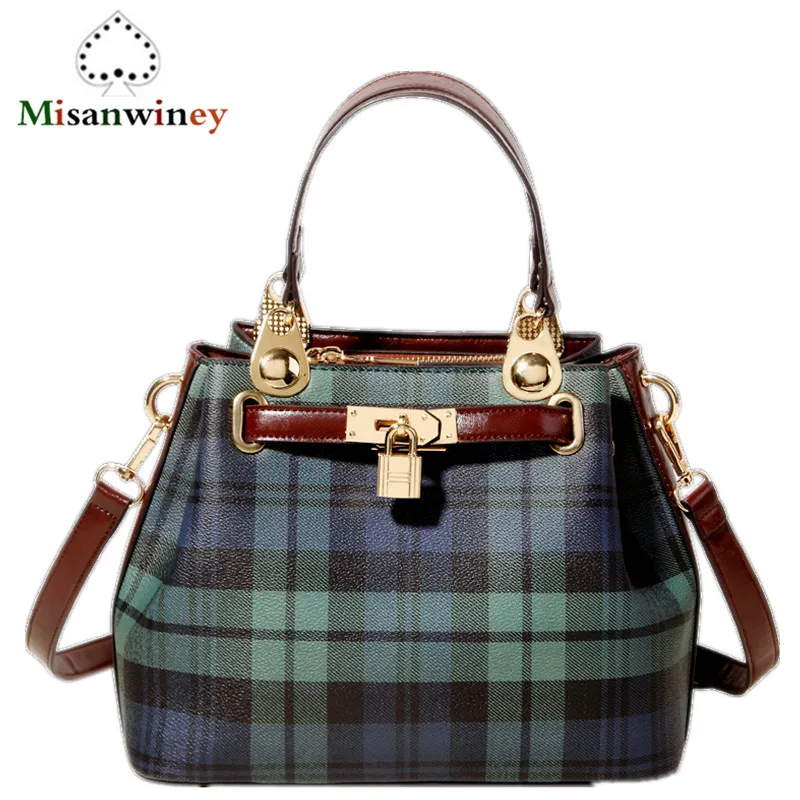 

Luxury Hand Bag Women's Genuine Leather Bucket Tote Bags Green Blue Plaid Striped Stitching Famous Designer Handbag Shoulder Bag