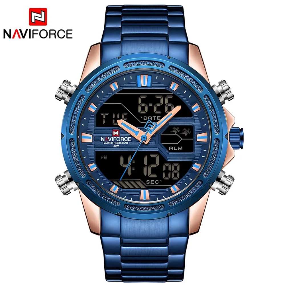 NAVIFORCE 9138 S Роскошные Брендовые мужские часы, модные спортивные часы, мужские водонепроницаемые кварцевые мужские военные наручные часы из нержавеющей стали - Цвет: Blue