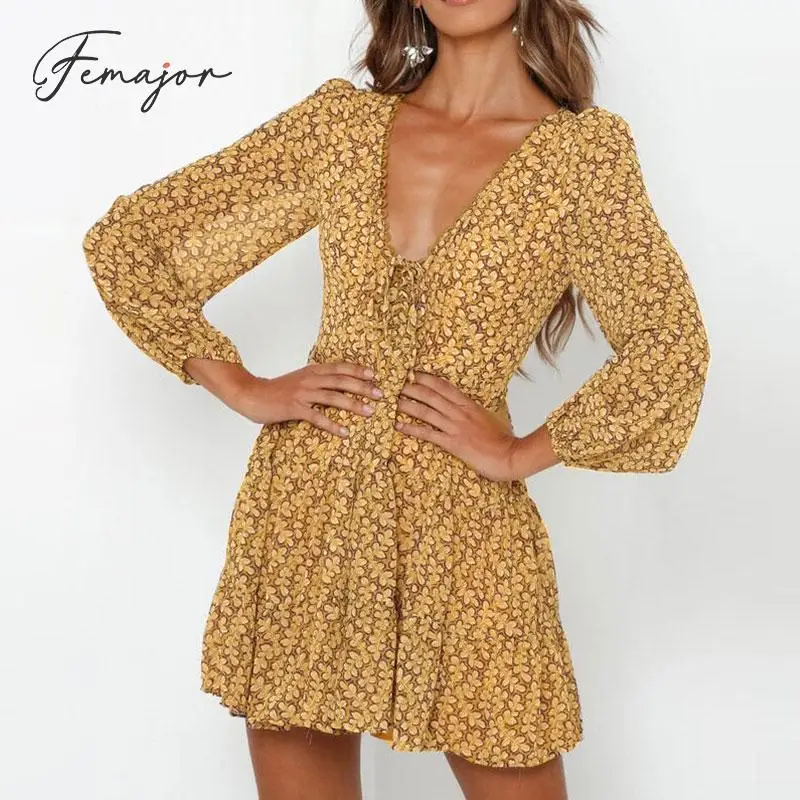 

Femajor Women Vintage Print Yellow Short Dress 2019 Autumn High Waist Long Sleeves Mini Dress Female Chic V Neck Lace up Vestido