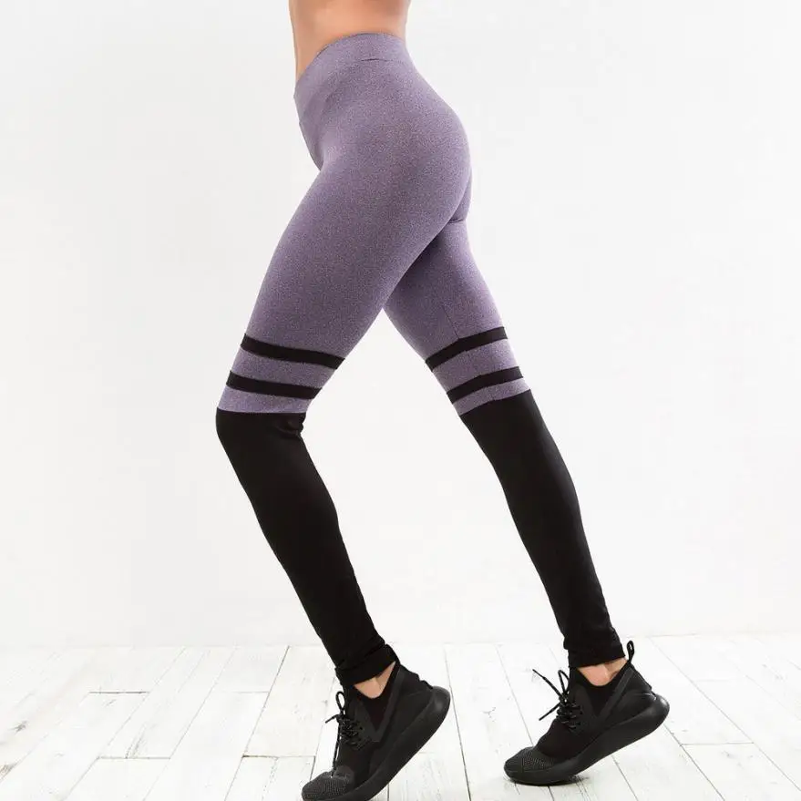 Women Stripe Patchwork Fitness Leggings Run Gym Stretch Sports Pants