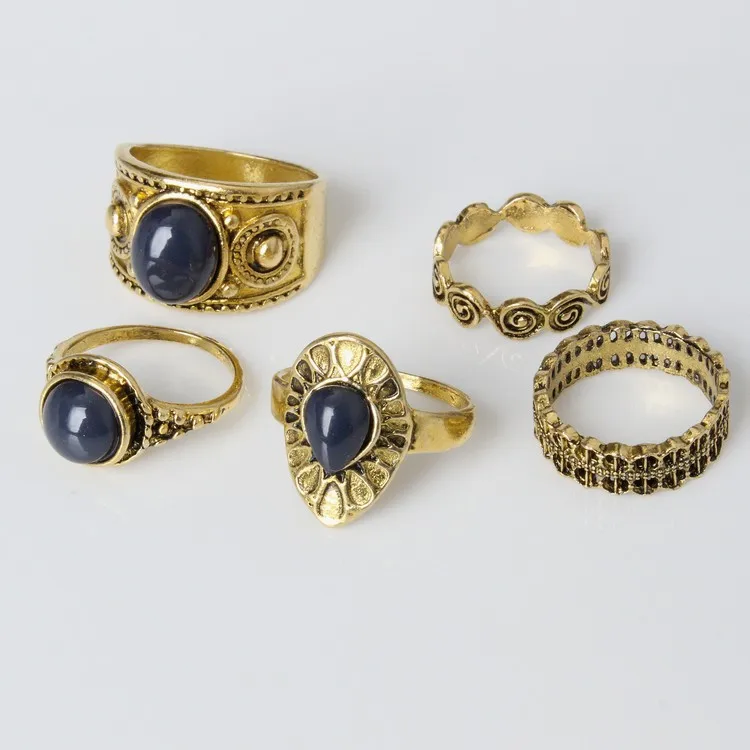 5 Pcs/set Bohemian Retro Crystal Flower Leaves Hollow Lotus Gem Gold/Silver Ring Set Women Wedding Anniversary Gift | Украшения и