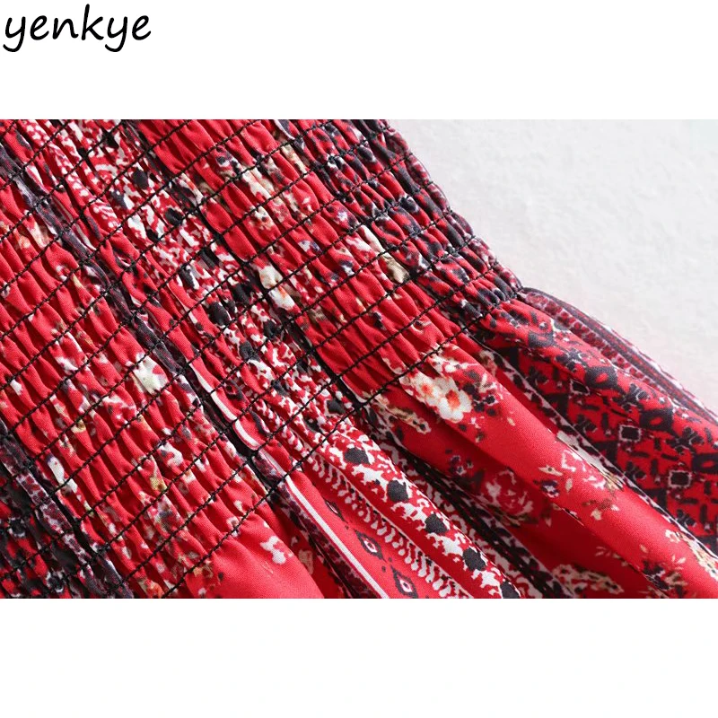 Sexy Spaghetti Straps Ethnic Print Women Dress Lady Backless Sleeveless Smocked Square Neck A-line Long Maxi Dress Summer Dress