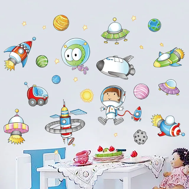 Cartoon Space Astronaut Planet Wall Decor Stickers For Boys Room Vinyl Kids Bedroom Mural DIY Adhesive Wallpaper Removable Decal
