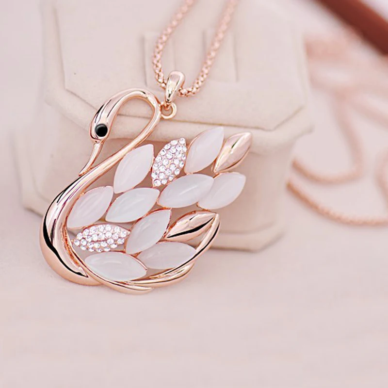 

New LNRRABC Fashion Women Charming Gold Color Rhinestones Opal Swan Pendants Necklace Sweater Chain Jewelry Xmas Gift