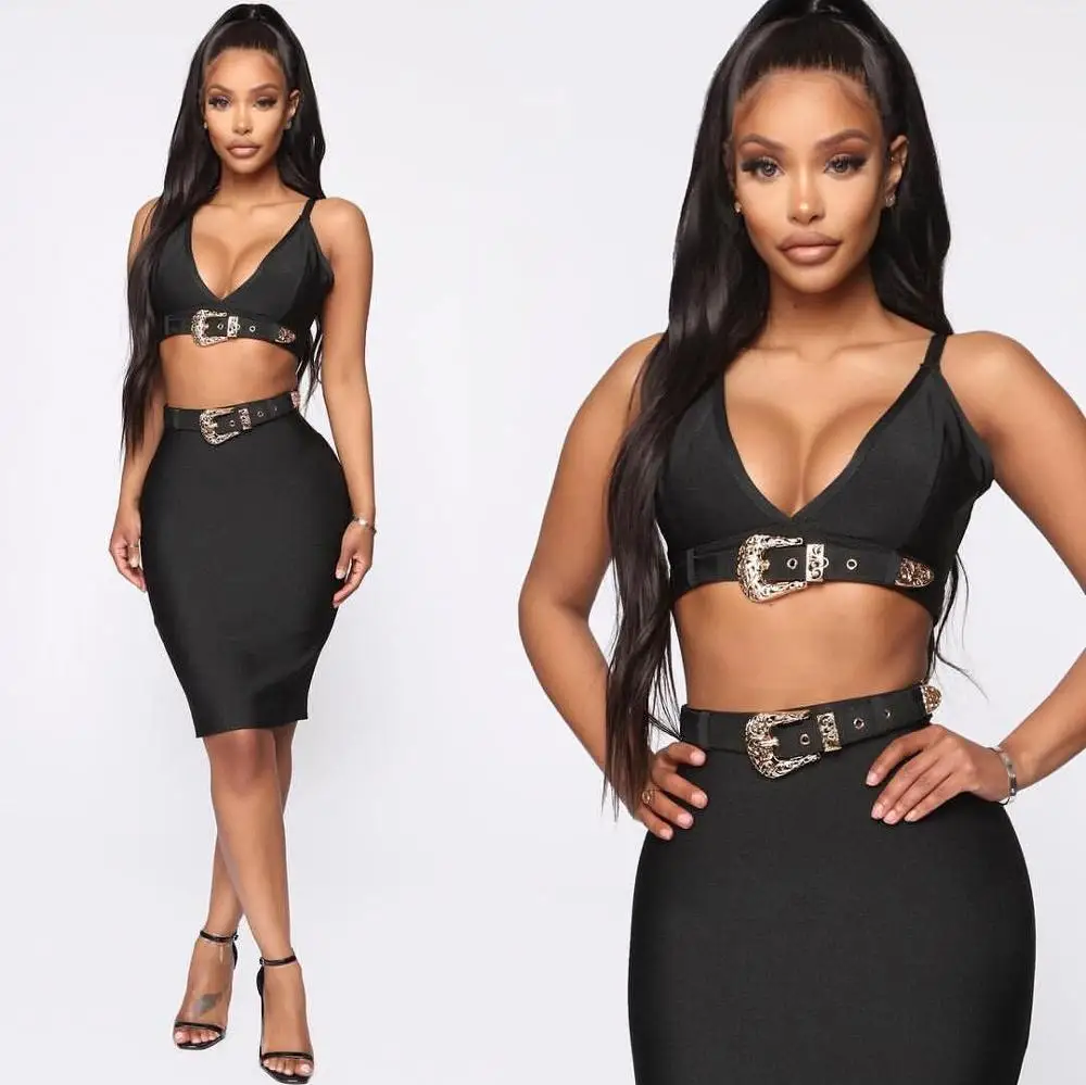 

Wholesale Sexy Sequined Button 2 Piece Black Bandage Dress Women 2019 Vestidos Elegant Party Dress with Belts