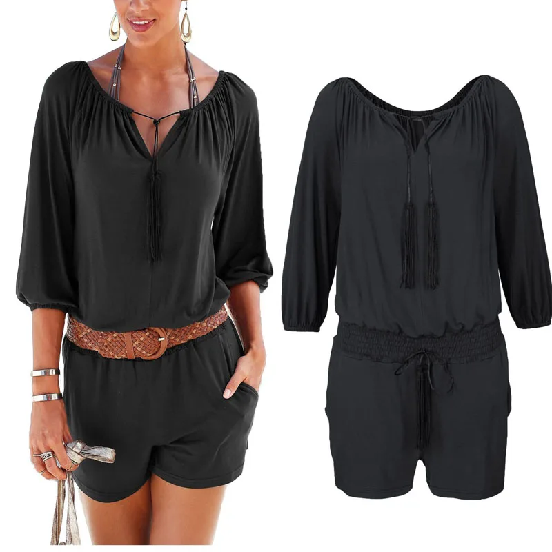 

Sexy lace up jumpsuit women romper summer shorts deep v neck beach jumpsuit black ribbon coveralls pockets female frock S-2XL