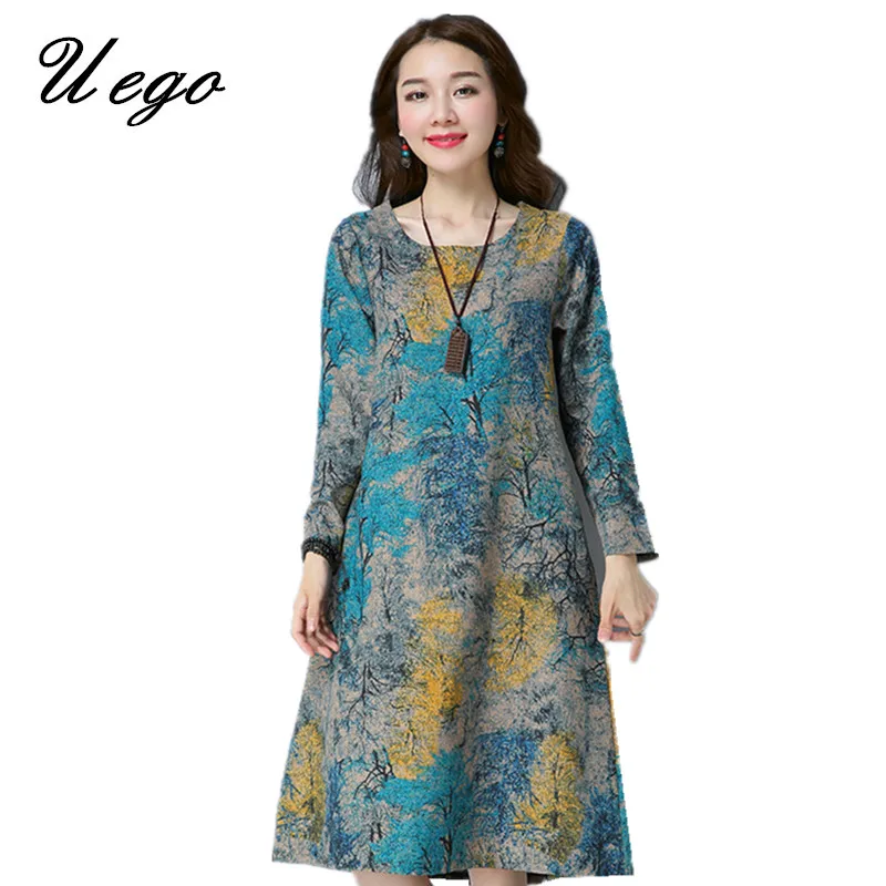 

2019 New Arrival Long Sleeve Spring Dress Printing Floral Vintage Dress Plus Size 5XL Loose Cotton Linen Women Casual Midi Dress