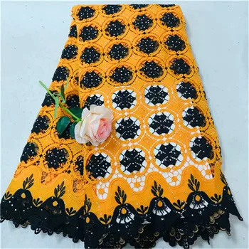 

Orange Black sunflowers embroidery cord lace African guipure lace fabric with lots of stones high quality Wise choice