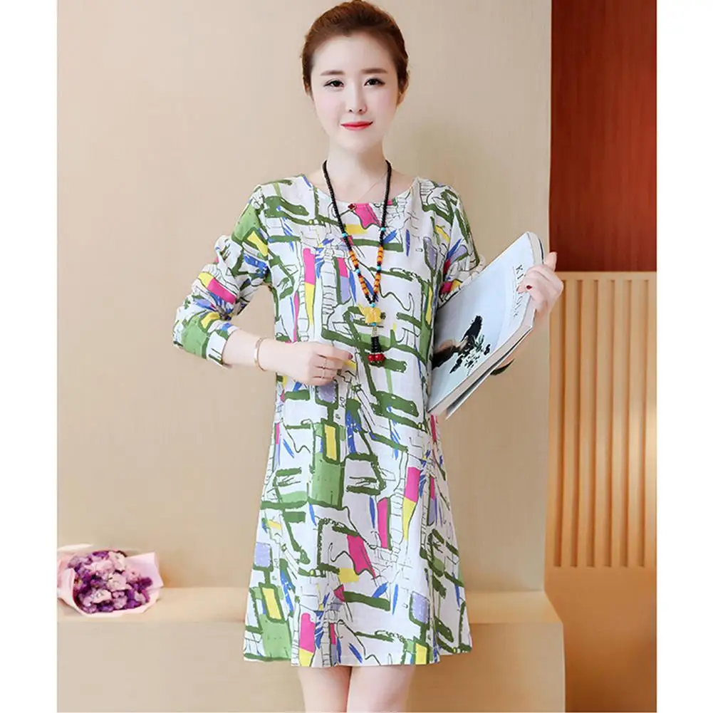 

Yiwa Female Fashion Printed Long-sleeved A-line Waisted Round Collar Casaul Medium-length Dress exquisite stripe printing