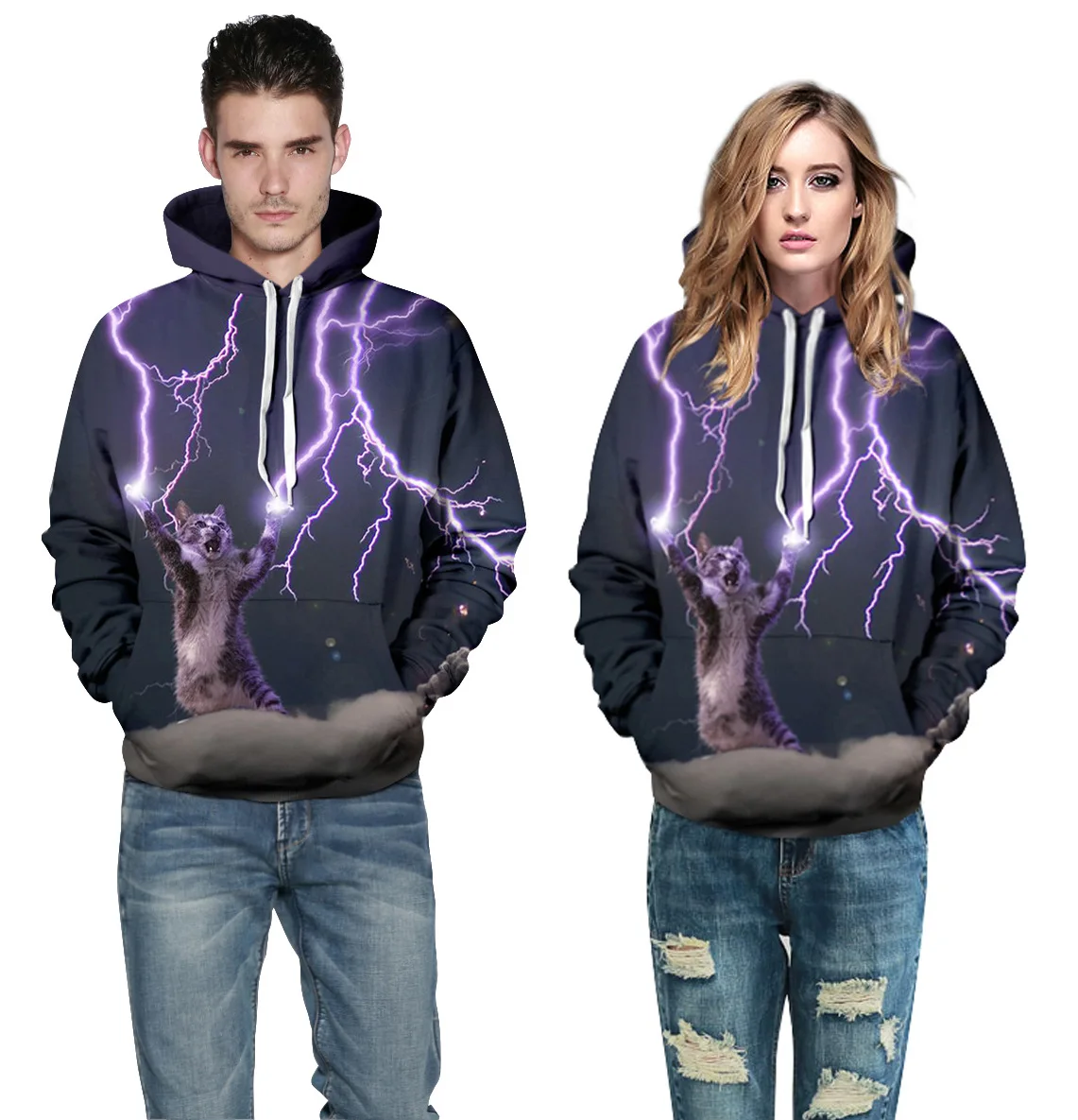 Hot Sale Autumn/Winter Thunder And Lightning Cat Purple Star Digital Print Loose Large Size Lovers Hoodie S-3XL