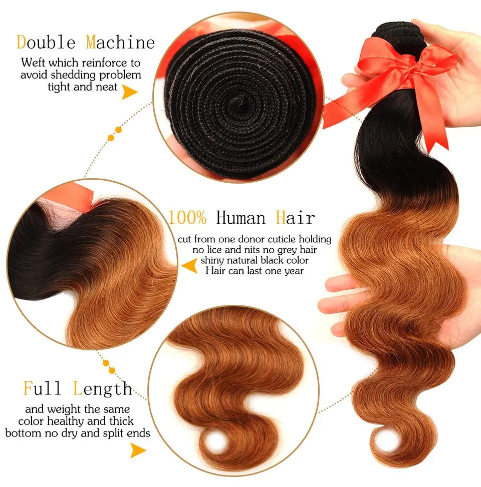 Pinshair Pre-Colored Ombre Brazilian Human Hair Body Wave 3 Bundles With Closure 1B 30 Hair Weave Bundles With Closure Non Remy1 (2)