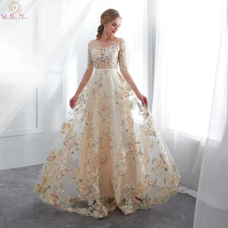 

O Neck Evening Dress 2019 New A Line Flower Lace Satin Lining Three Quarter Floor Length Illusion Transparent Top Prom Gown