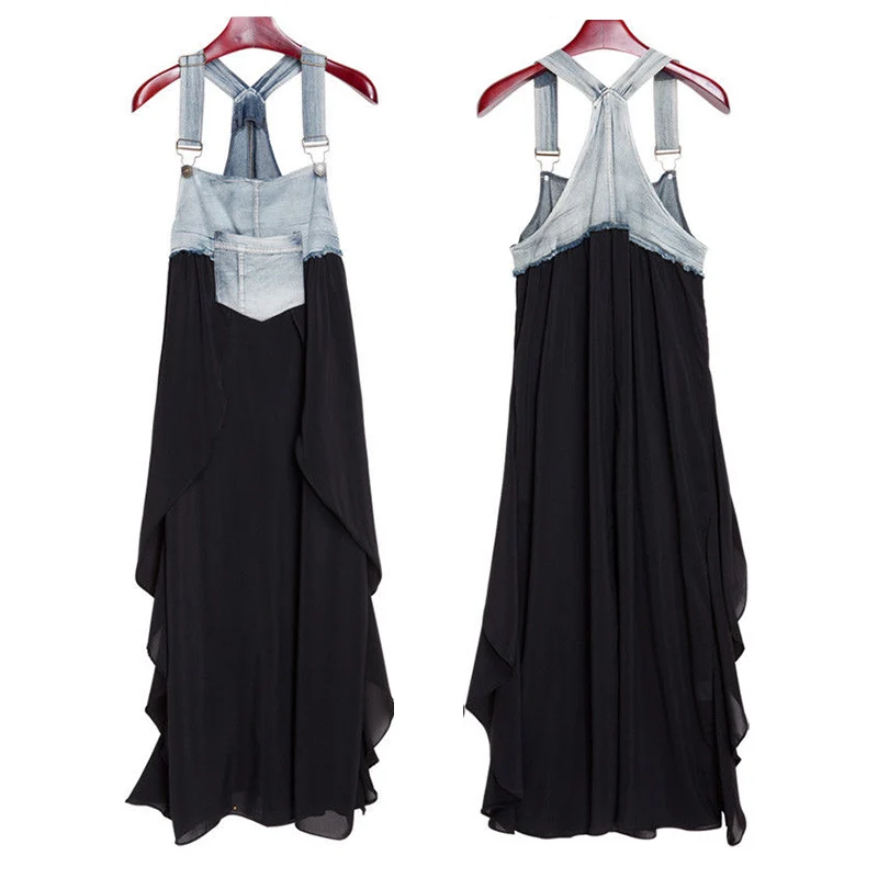 

UK Fashion Women Denim Jeans Dungaree Strap Splice Club Party Overall Long Dress