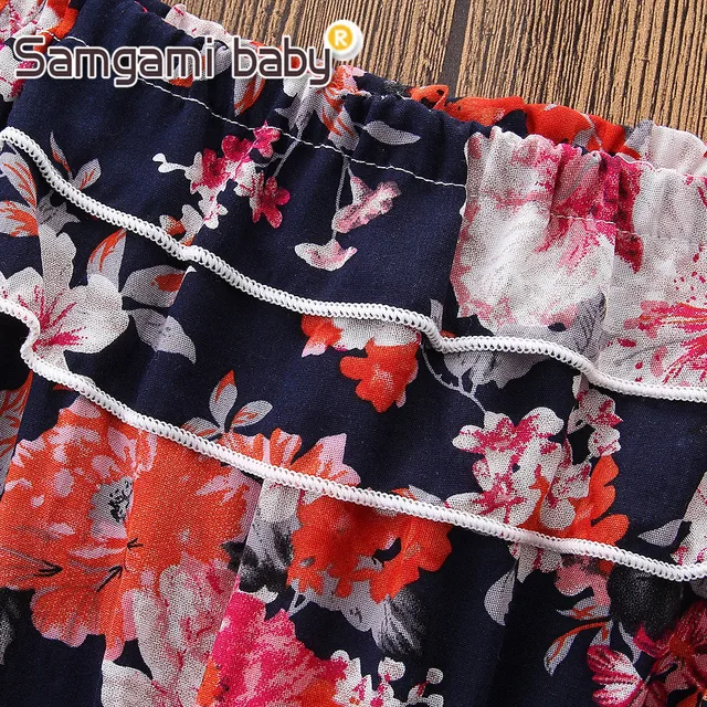 SAMGAMI BABY Condole Belt Pants Summer Beach Party Floral Print Lace-up Girls Jumpsuit Outfit Ruffle Cotton Rompers One-pieces