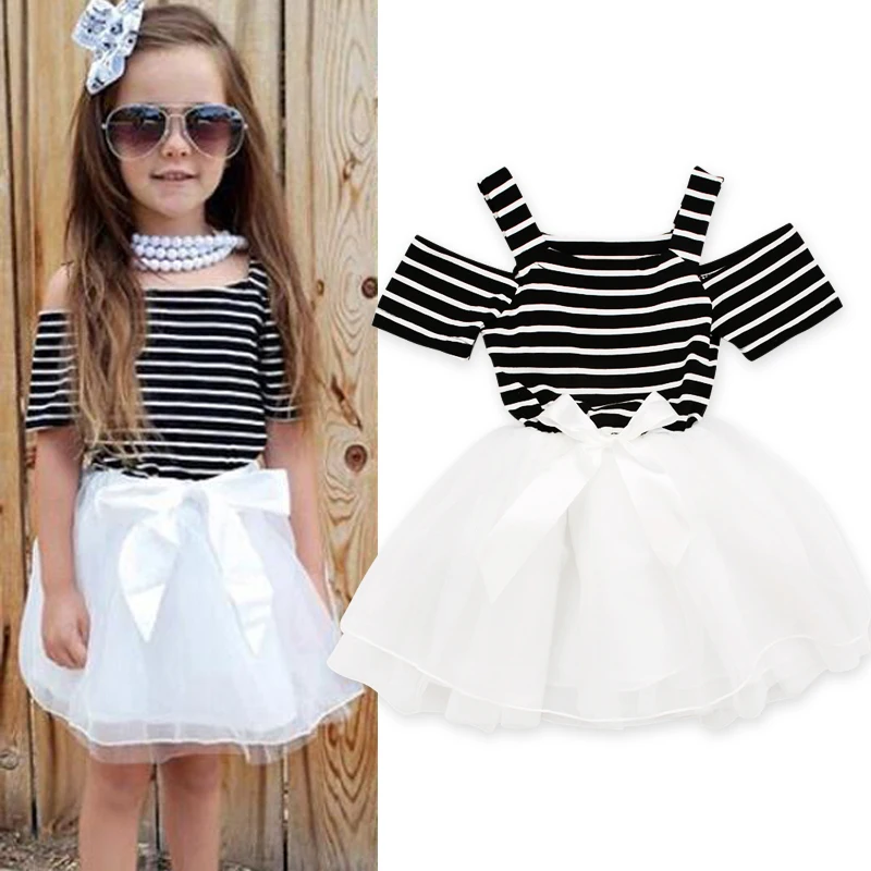 2018 Summer Girls Dresses Fashion Striped Short Sleeve Dress Princess Yarn Classic Popular Children's Clothing Black DS15 | Детская