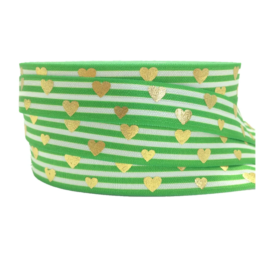 

5Yards 16mm Green Stripe Heart Gold Foil Fold over elastic FOE Hair ties Elastic Ribbon Hairbands