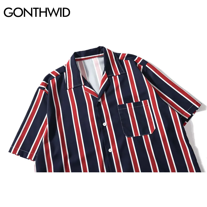 GONTHWID, пляжные рубашки в Вертикальную Полоску, уличная одежда, мужские летние рубашки с карманами в стиле хип-хоп, рубашки с коротким рукавом,, Мужская модная рубашка с отложным воротником