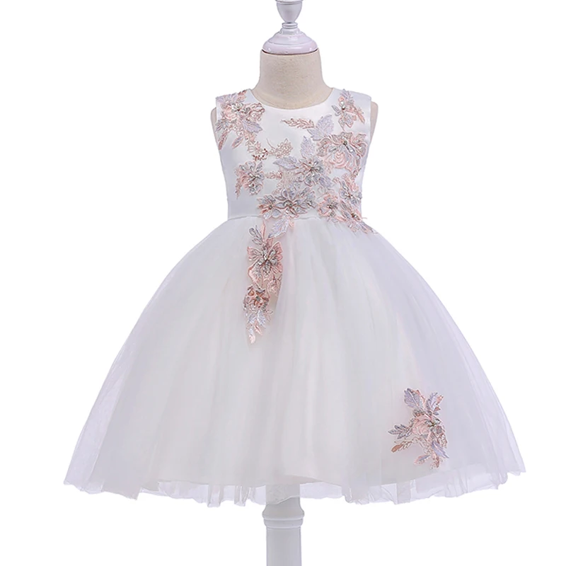 

2019 White Flower Girls Dress Wedding Party Dresses for Kids Pearls Formal Ball Gown Evening Baby Outfits Tulle Girl Frocks